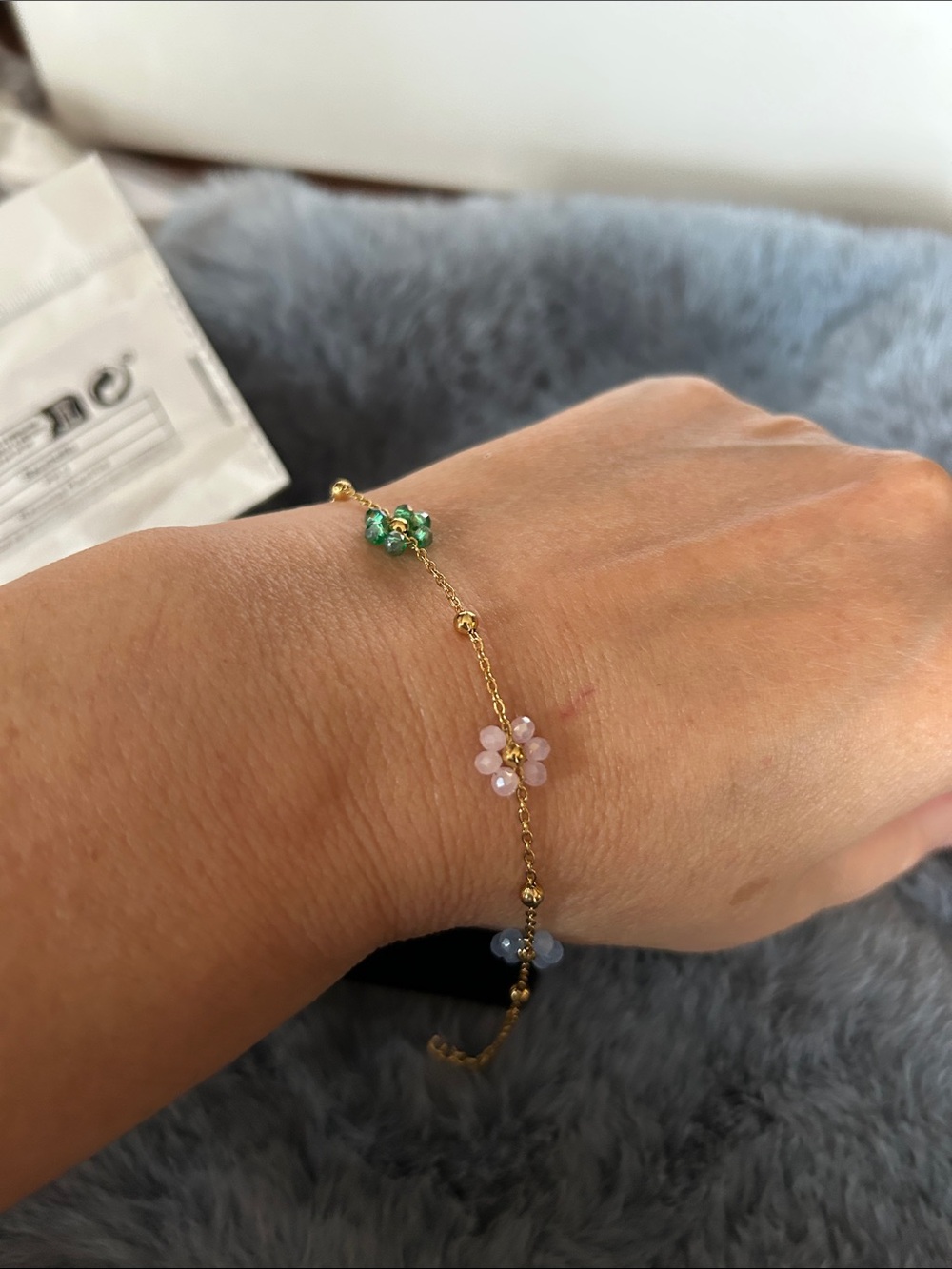 Delicate Gold Chain Bracelet with Pink & Green Flower Charms